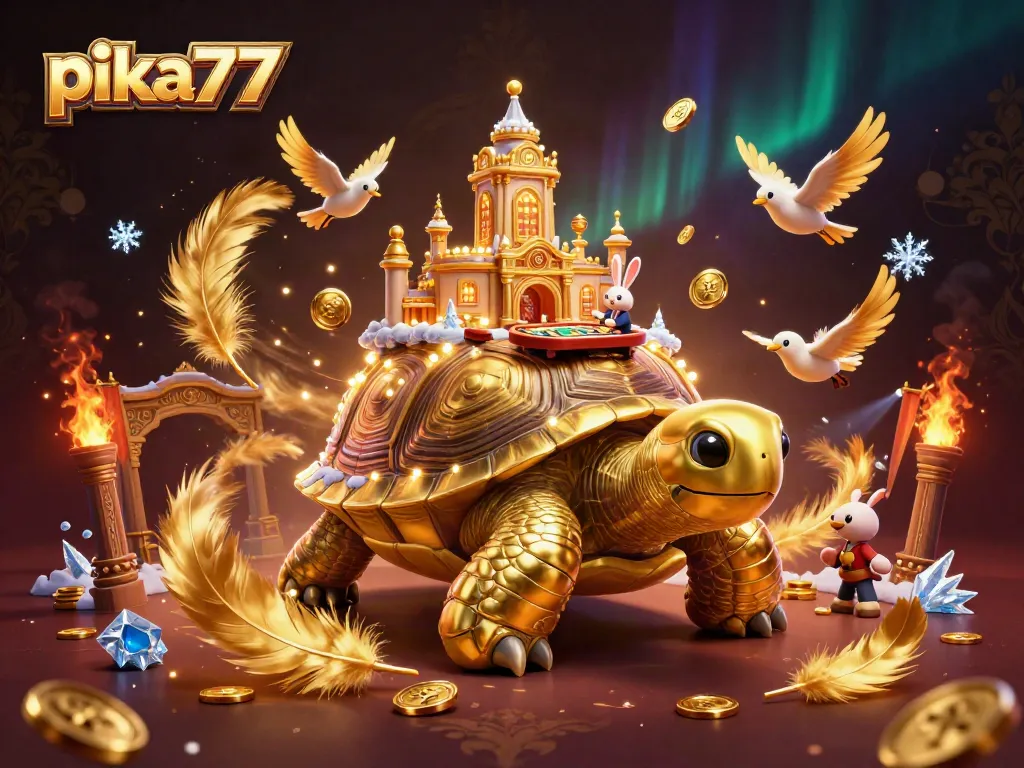 Experience thrilling gaming at pika77 with a vibrant 3D golden tortoise casino scene featuring a rabbit dealer at play.