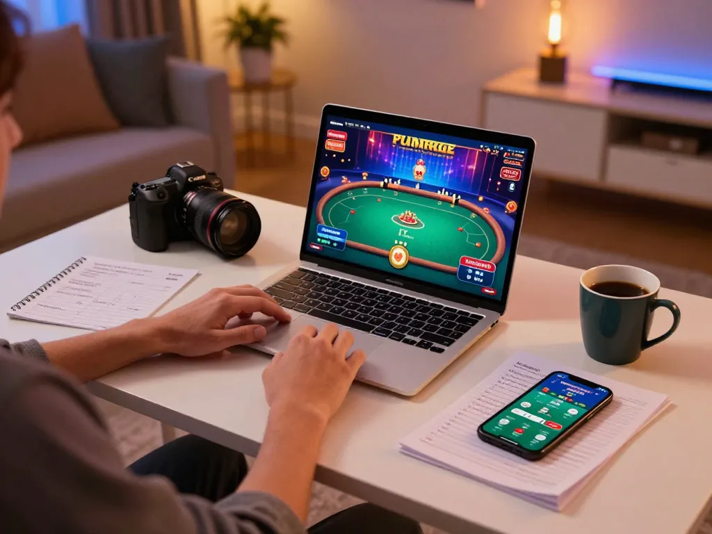 Player engaging in poker on 58win with vibrant interface and cozy gaming setup.