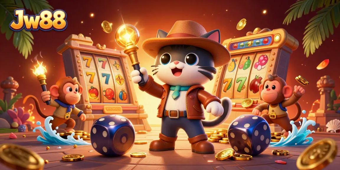Engage with the thrilling Jw88 experience as a cat explorer and monkey companion uncover casino treasures.