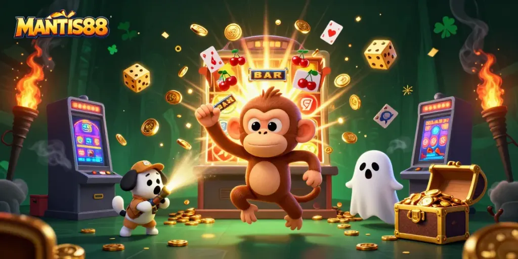 MANTIS88 captivates players with a thrilling poltergeist monkey juggling gold in a haunted casino.