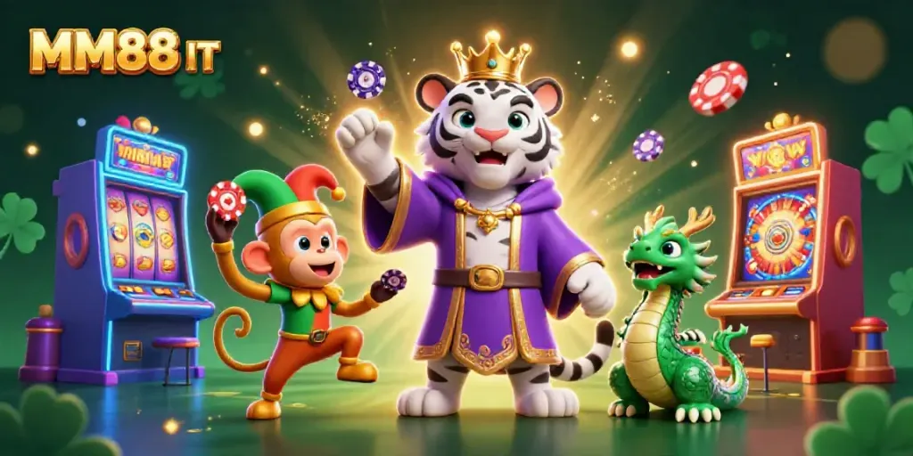 Engaging 3D scene showcasing MM88 IT characters with vibrant casino elements for an immersive gaming experience.