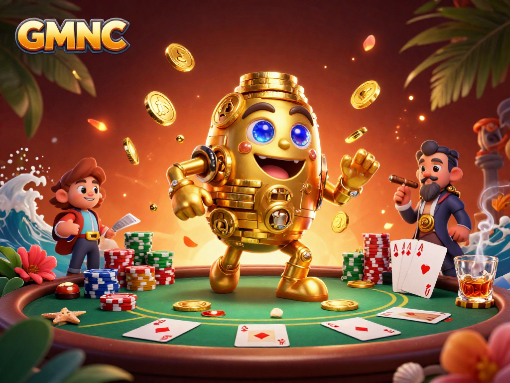 Experience GMNC gaming excitement with a vibrant poker scene featuring dynamic characters and rich casino elements.