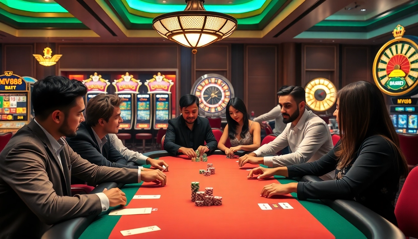 Players enjoying a thrilling poker game at a luxurious MV88-themed casino.