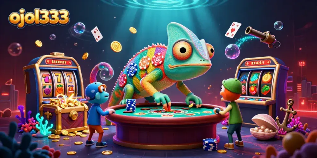 Engage in exciting gameplay with ojol333, highlighted by vibrant casino elements and dynamic 3D characters.