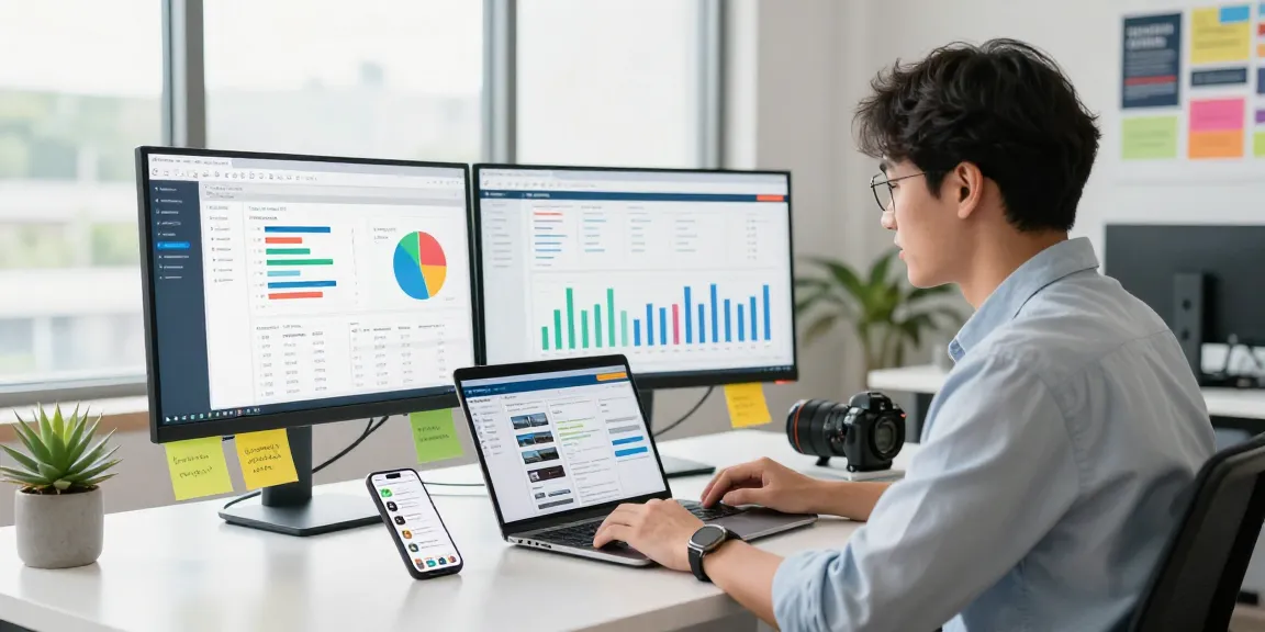 Motchill digital marketing professional analyzing website performance metrics in a vibrant workspace.