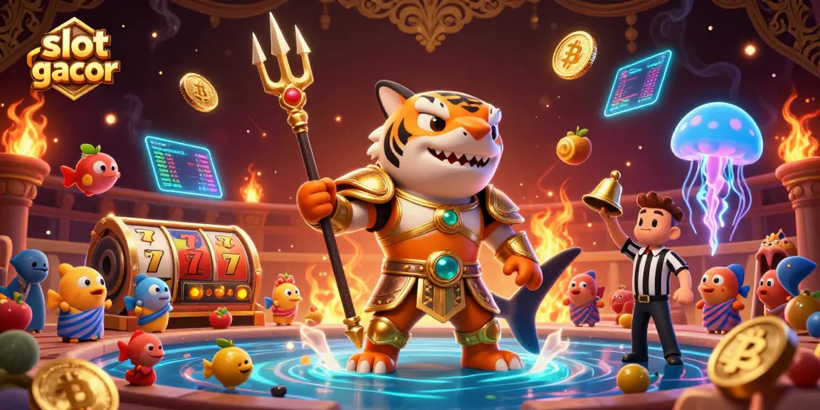 Engage with slot gacor in a vibrant underwater colosseum featuring a golden shark and dynamic game elements.