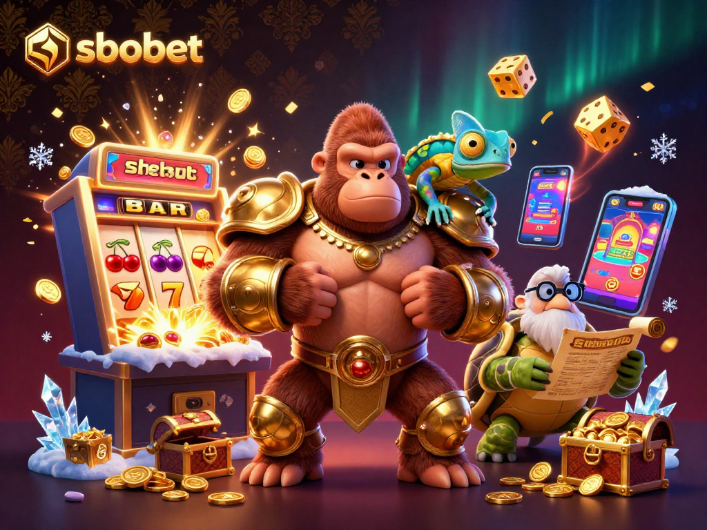 sbobet brings excitement to players with a 3D illustrated casino scene featuring a gorilla king and jackpot.
