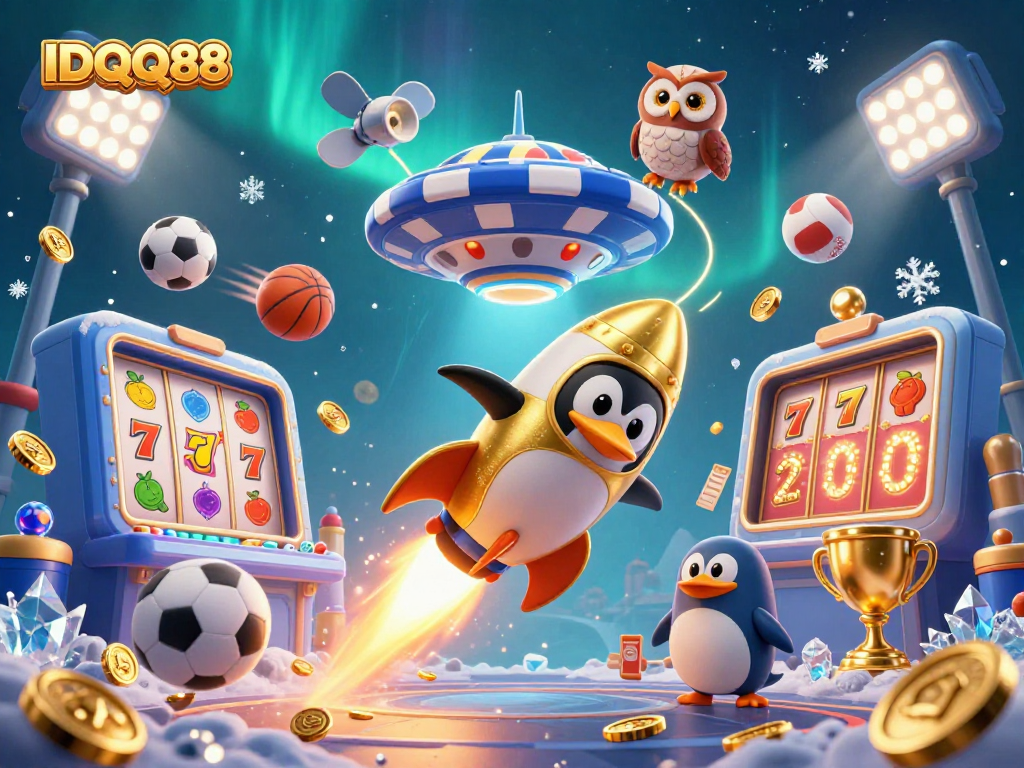 Experience exciting gameplay at IDQQ88 with a golden penguin guiding you through casino adventures.
