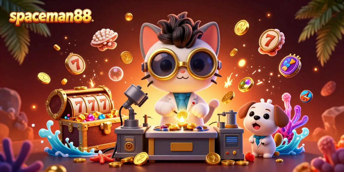 Experience the thrill of spaceman88 slots with a mad scientist cat and dog in a vibrant casino scene.