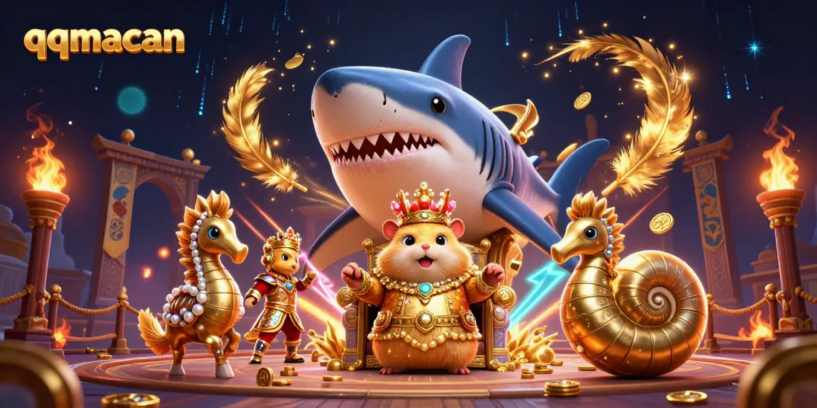 Engage with qqmacan's vibrant gambling world featuring a golden hamster king and dynamic casino elements.