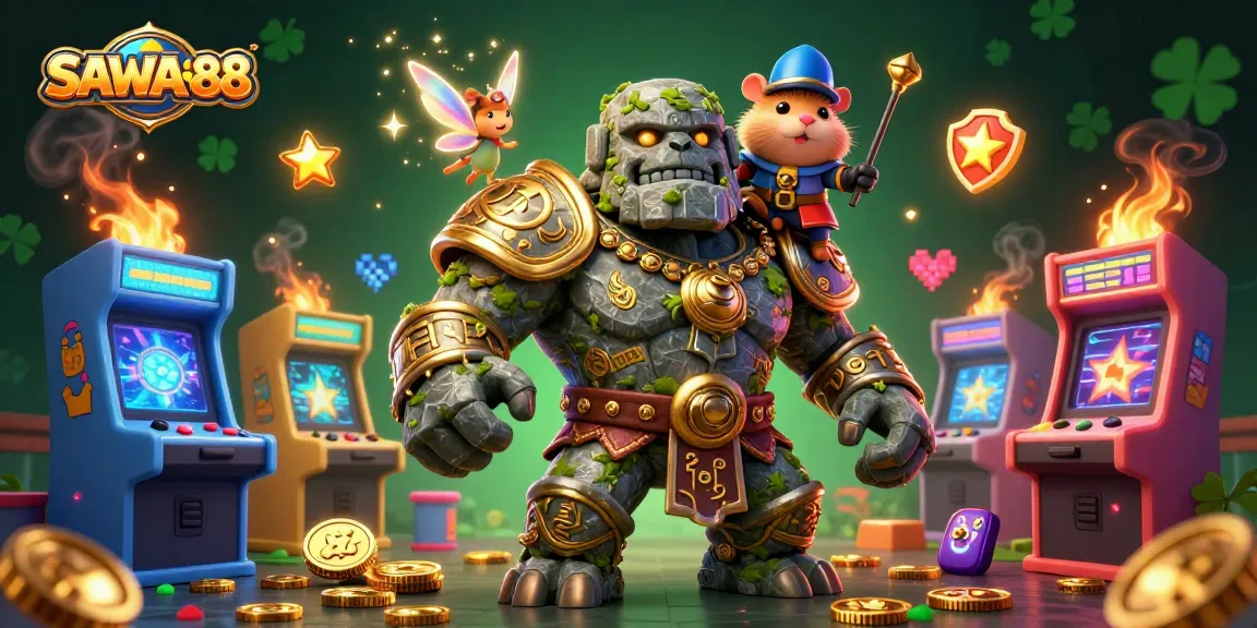 SAWA888 offers thrilling gaming experiences with a vibrant 3D scene of a stone golem, fairy, and hamster knight amidst colorful casino elements.