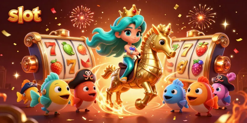 Engaging slot animation featuring a mermaid princess riding a seahorse amidst winning symbols, enhancing gaming excitement.