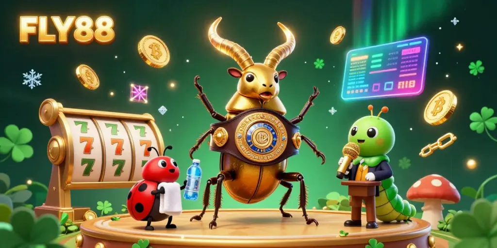 FLY88 gives players an exciting gaming experience with a dynamic scene of a golden stag beetle and vibrant casino elements.