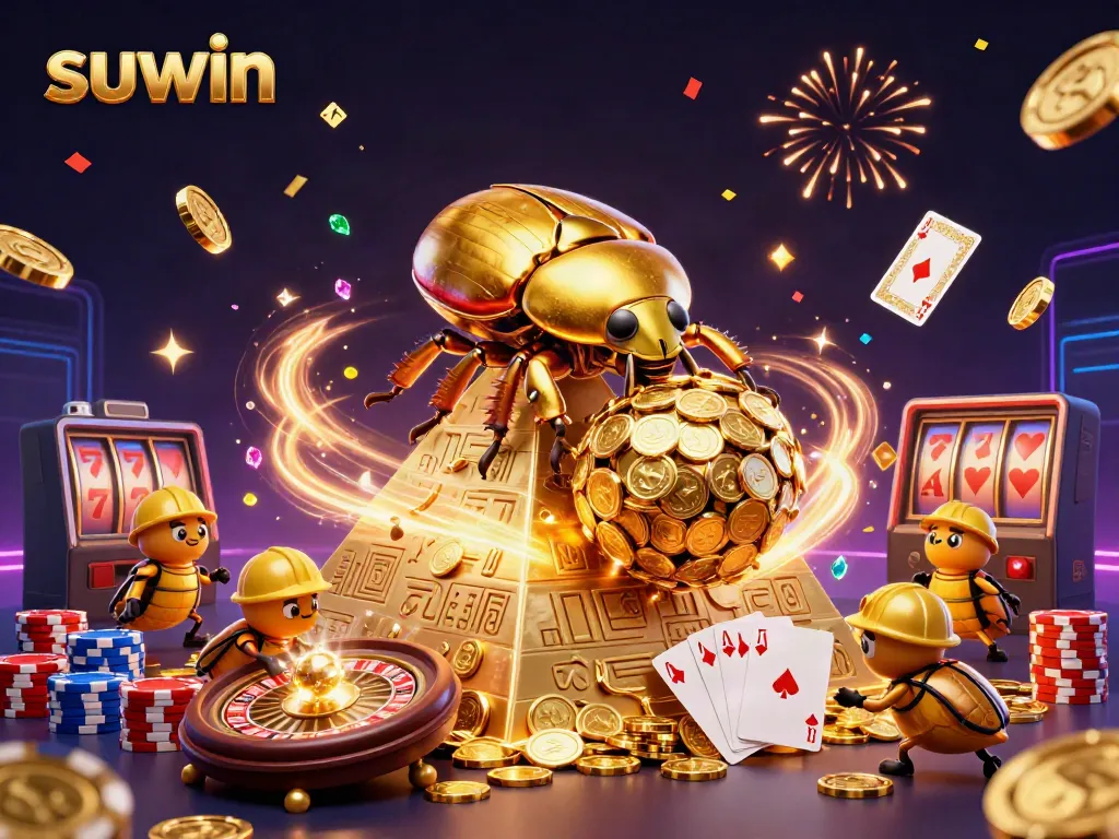 Suwin casino illustration featuring a golden beetle rolling coins with dynamic slot machine and roulette elements