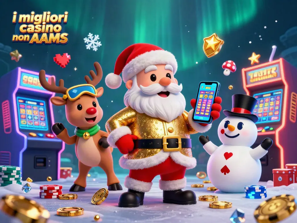 I migliori casino non AAMS con simboli di slot e un'atmosfera festiva in un'illustrazione 3D vivace.
