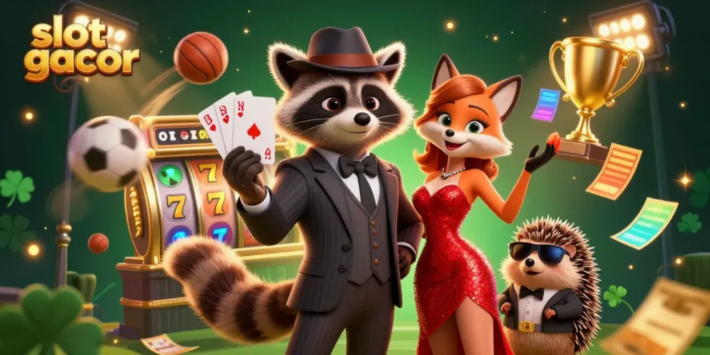 Menggenggam slot gacor dengan simbol keberuntungan, rakun bergaya dan teman rubah bersinar di kasino.
