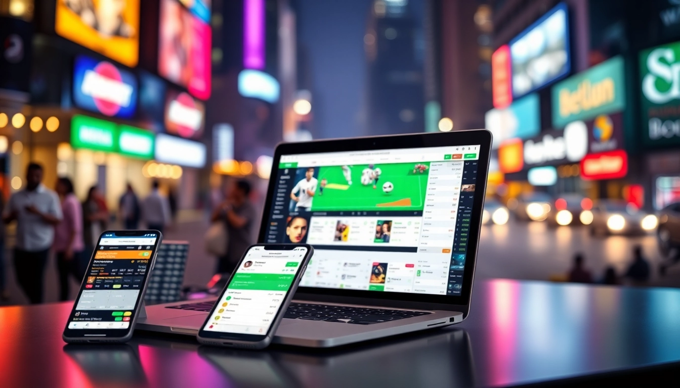Engaging scene of online sportsbooks India emphasizing mobile and laptop betting interfaces.