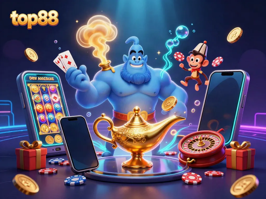 Experience the magic of top88 with a vibrant 3D casino illustration showcasing a genie, monkey, and poker-themed elements.