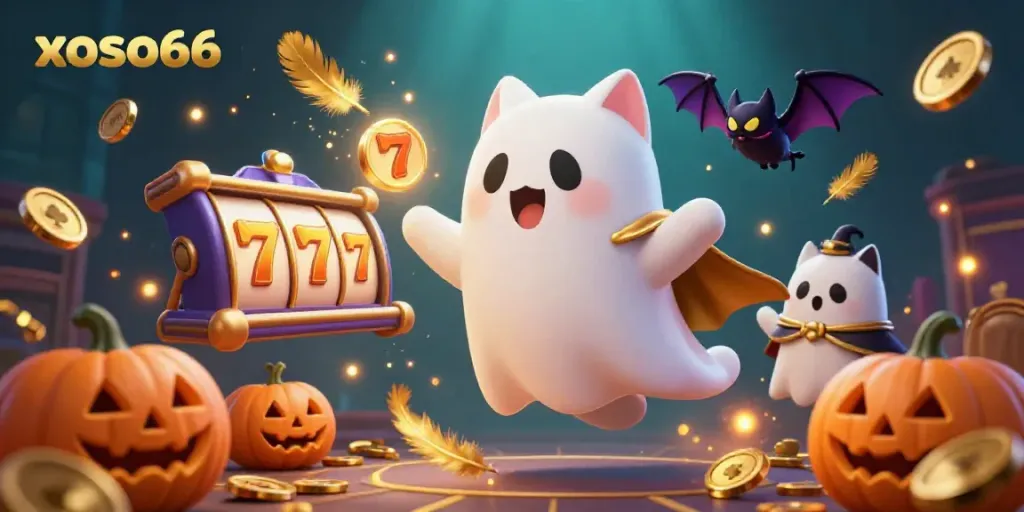 Engage with xoso66's spooky online casino featuring a ghost cat and vampire bat amidst slot games.