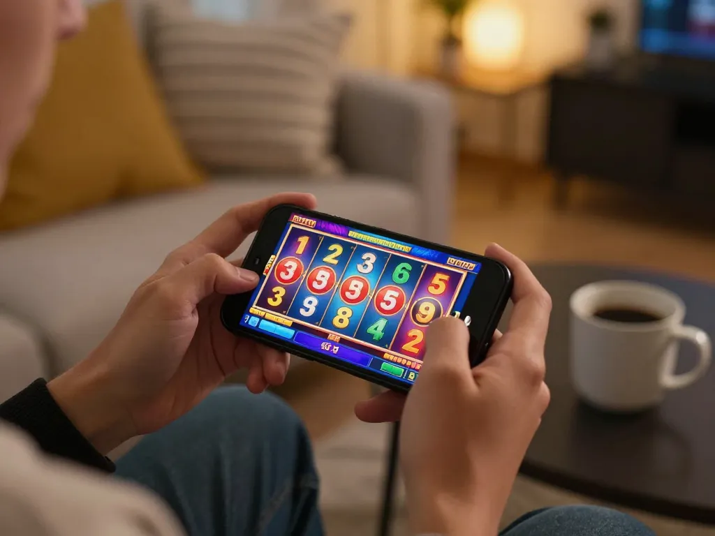 Player spinning slot game reels on a smartphone in a cozy home setting, showcasing mobile gambling excitement.