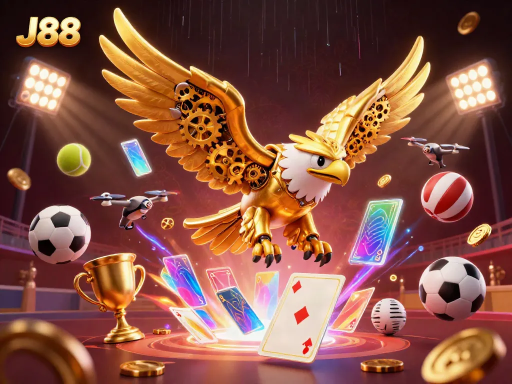 Experience thrilling casino action with J88 as a cybernetic eagle navigates through vibrant game elements.