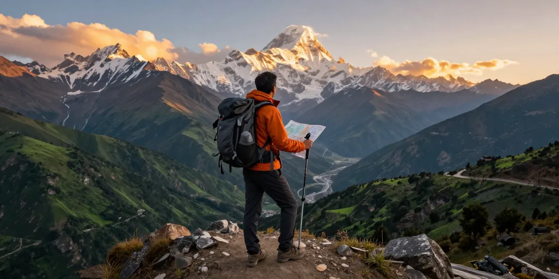 Manaslu Circuit Trek traveler at sunset on summit with scenic mountain backdrop