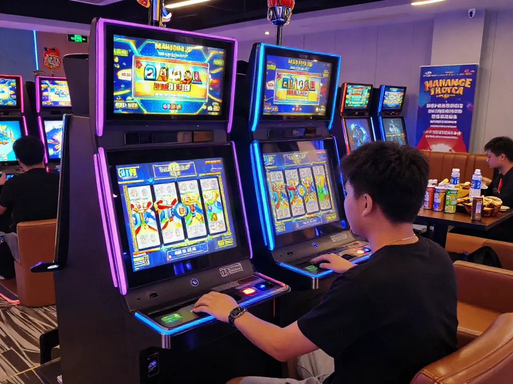 Engaging player enjoying Slot MAHJONGJP88 experience in a vibrant gaming lounge.