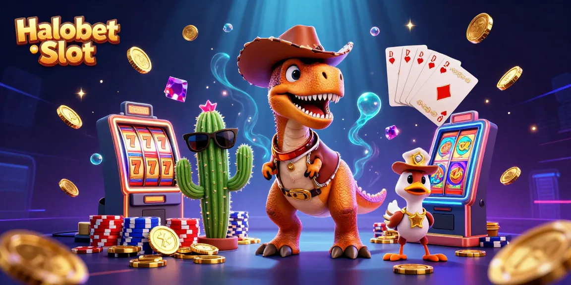 Menangkan Halobet Slot dengan dinosaur koboi dan teman-temannya dalam ilustrasi menarik.