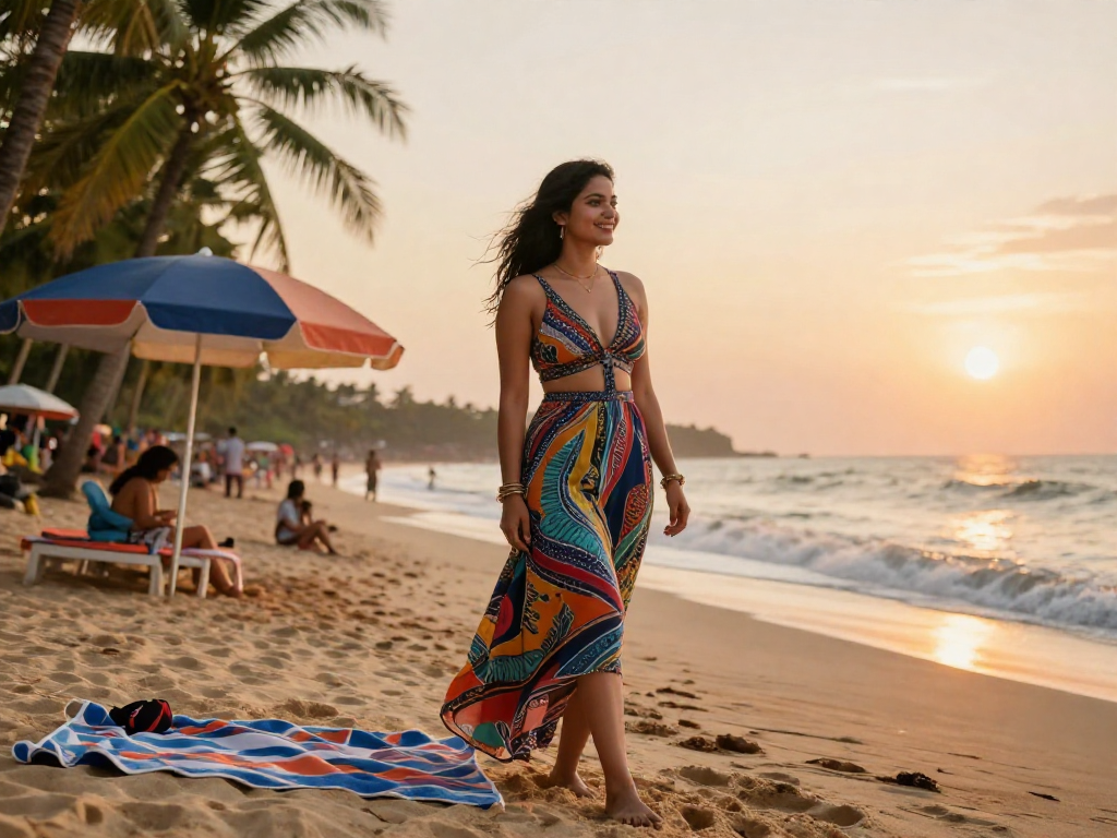 Goa escort invitingly smiling on the beach at sunset, perfect for a romantic getaway.