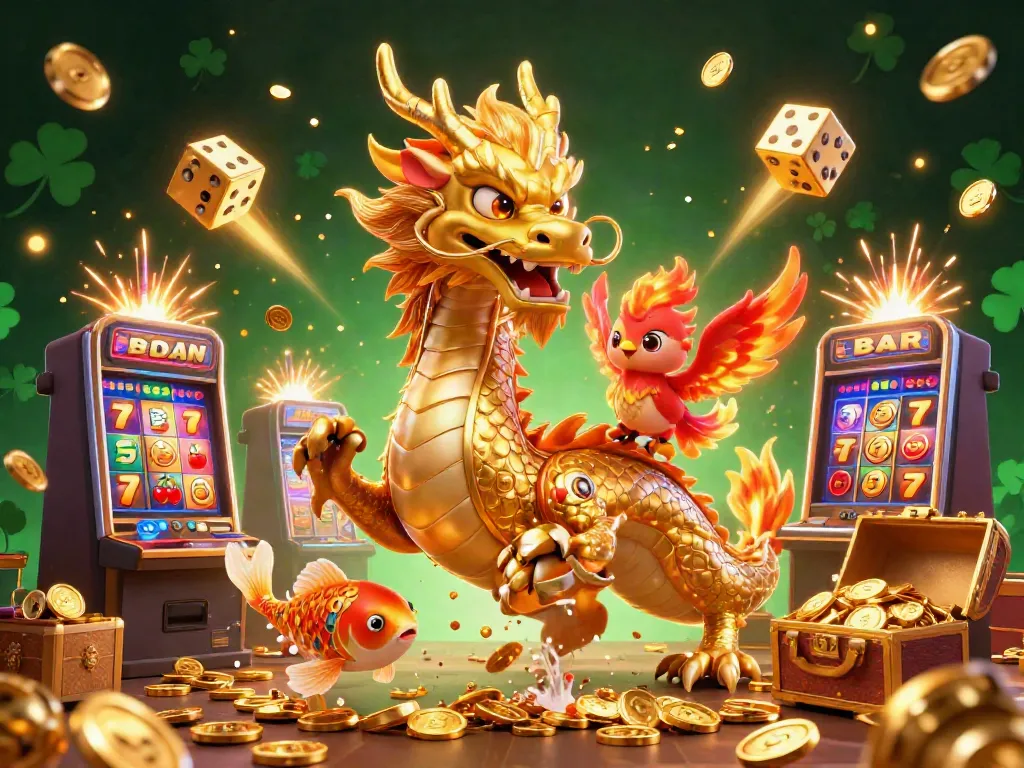 Experience the thrill of ZOWIN with a golden dragon, phoenix, and koi fish amid a casino explosion.