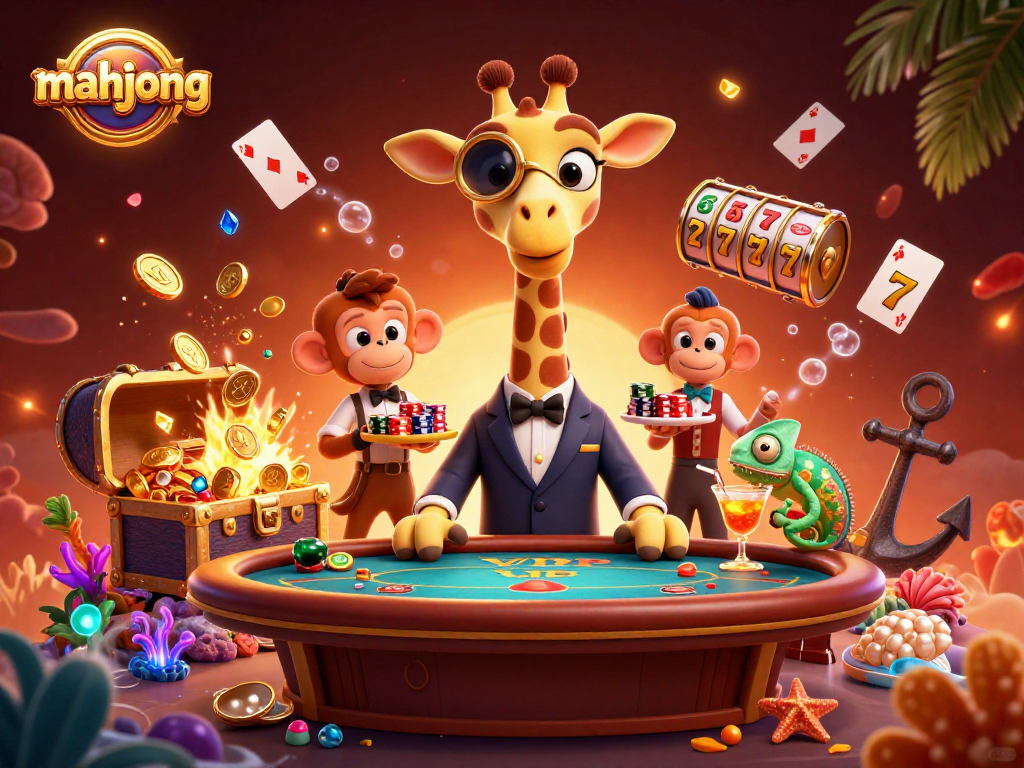 Experience thrilling mahjong excitement with vibrant casino elements and animated characters in this 3D illustration.