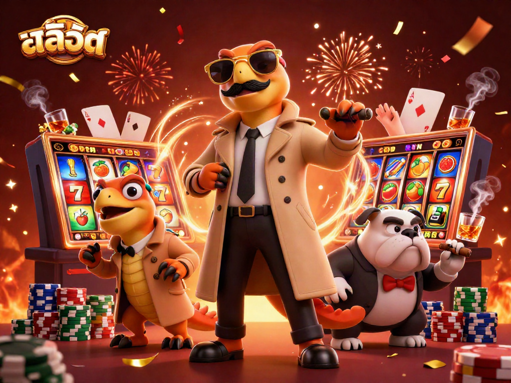 Play สล็อต with cartoon raptors at a vibrant casino scene filled with slot reels.