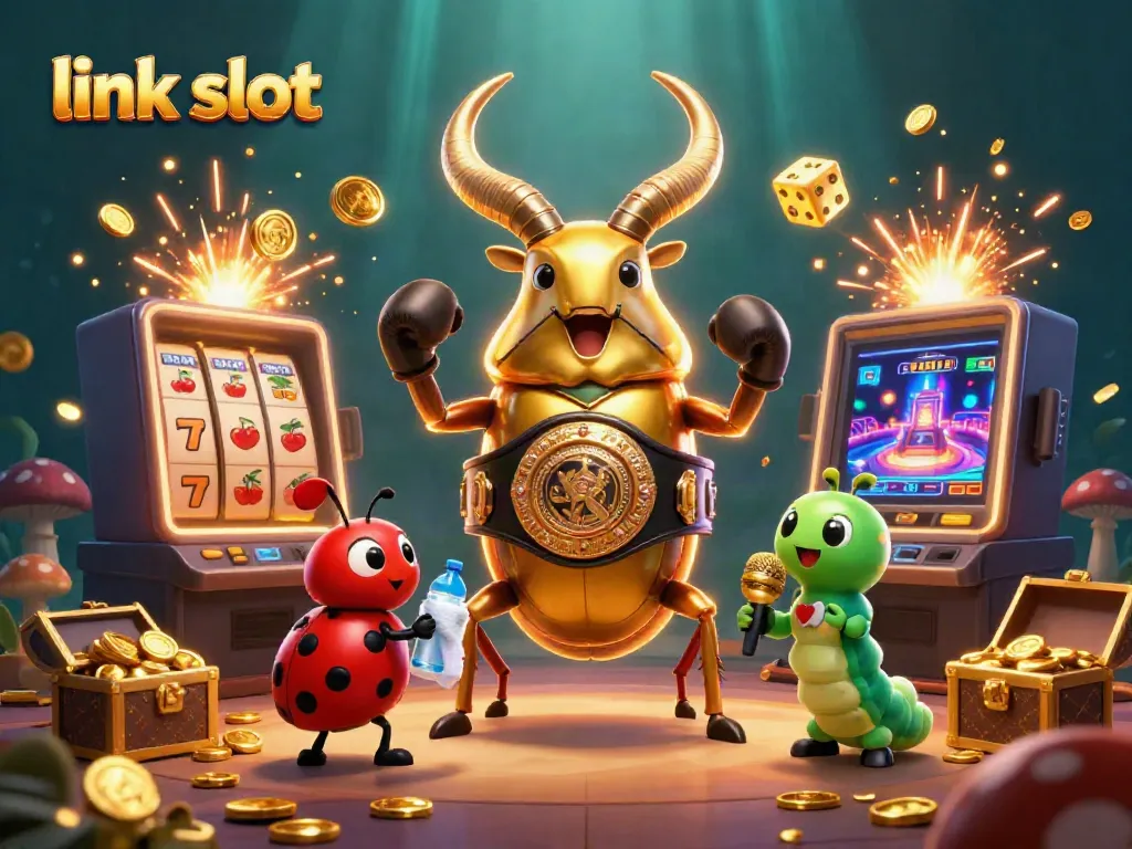 Menggambarkan link slot, ilustrasi 3D dengan sapu terbang emas dan mesin slot meledak, penuh visual menarik.