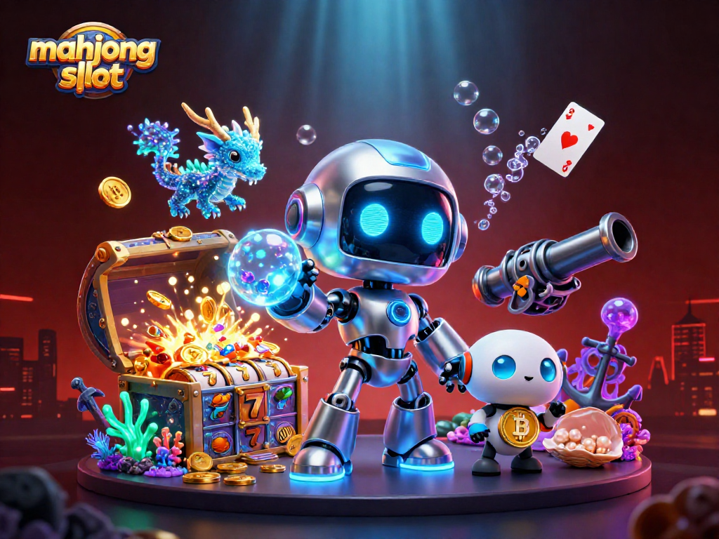 Engage with the mahjong slot excitement in this dynamic 3D casino illustration with vibrant elements.