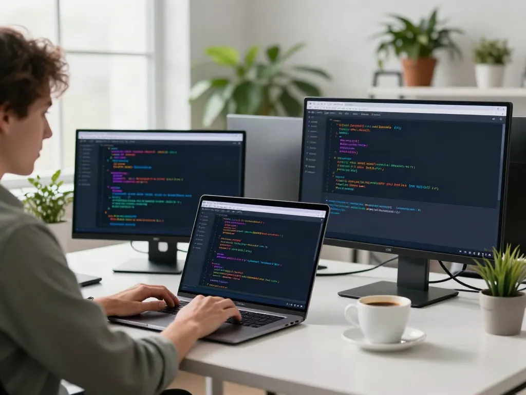 Developer using brave浏览器 in a modern tech workspace with dual monitors and coffee.