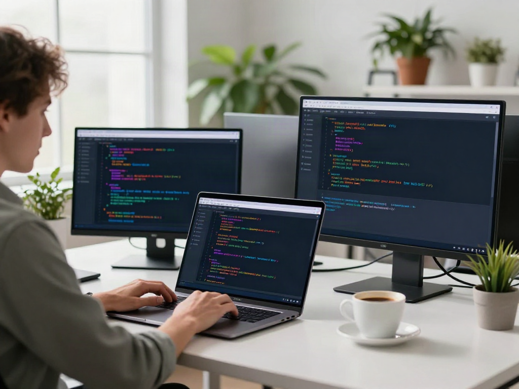 Developer using brave浏览器 in a modern tech workspace with dual monitors and coffee.