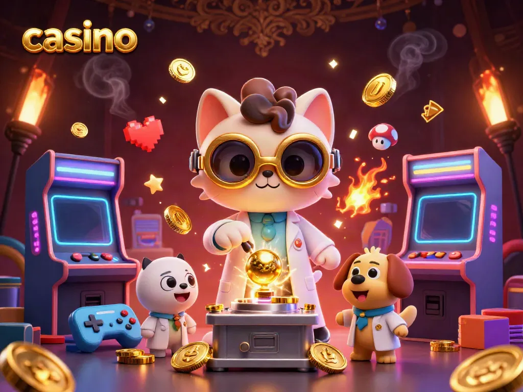 Experience casino excitement as a mad scientist cat creates gold coins with a loyal dog in a vibrant arcade.
