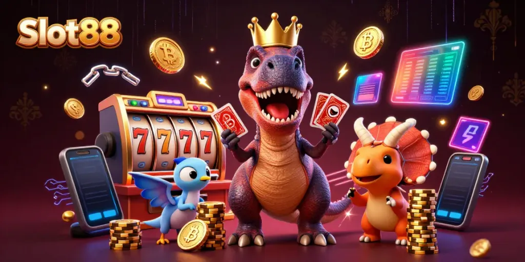 Engage with Slot88 as a T-Rex shuffles cards and a triceratops stacks chips, all in a vibrant casino scene.
