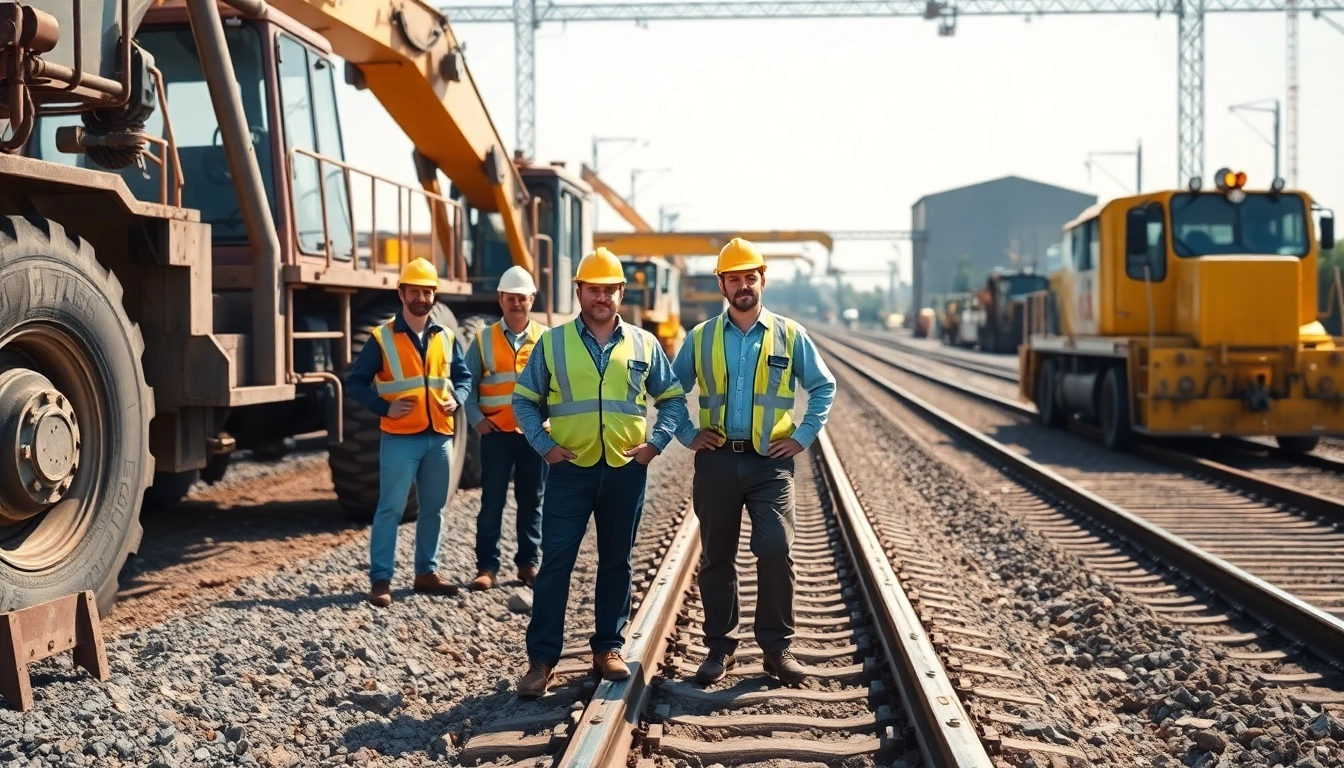Dynamic view of railroad contractors managing a construction site with modern equipment.