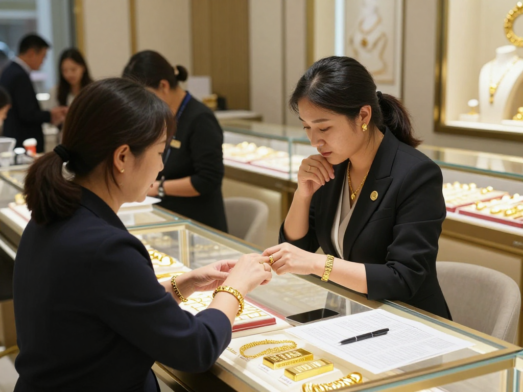 Showcase of mantra88 gold jewelry with elegant display and attentive customer service.