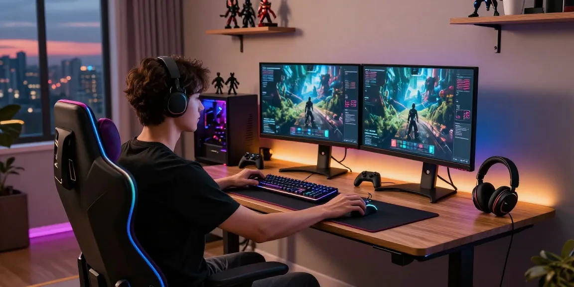 Gamer adjusting their Adjustable Gaming Desk in a stylish gaming setup with dual monitors and RGB accents.