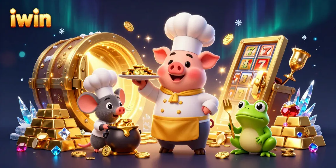 iwin's dynamic casino scene showcases a chef pig serving gold coins, highlighting slot game excitement.