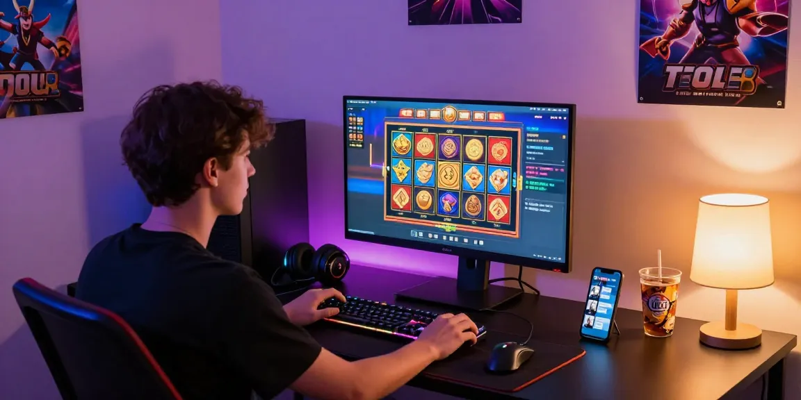 Engaging in slot online gaming with vibrant graphics and gaming accessories in a home setting.