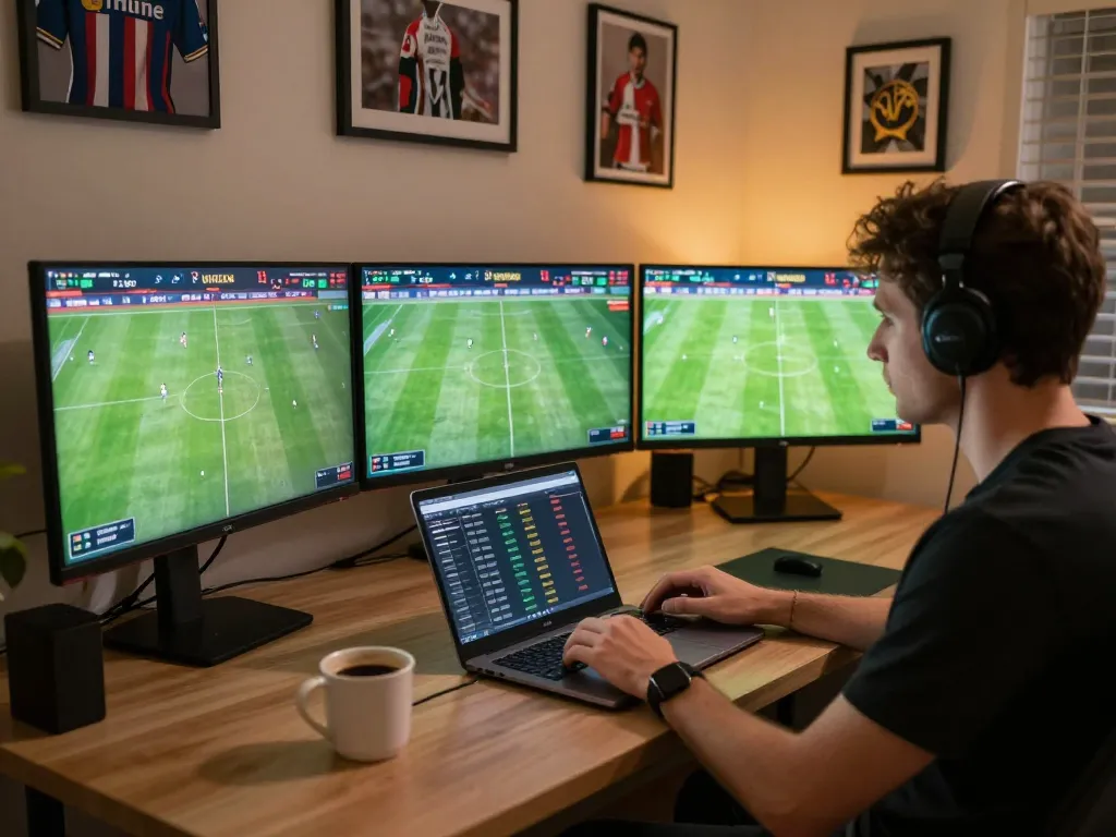 Cá cược bóng đá online, analyzing live matches and betting odds on multiple screens in a modern setup