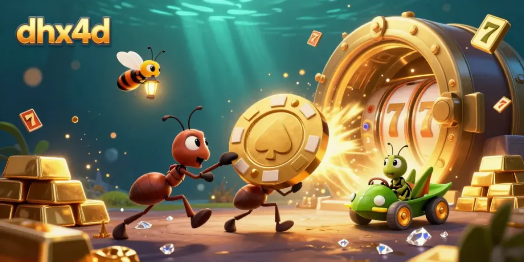 dhx4d menggerakkan chip poker emas besar di dunia slot, pencahayaan dan detail megah