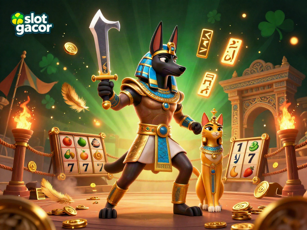 Experience thrilling gameplay with slot gacor in an ancient Egyptian-themed 3D scene showcasing vibrant characters and casino elements.