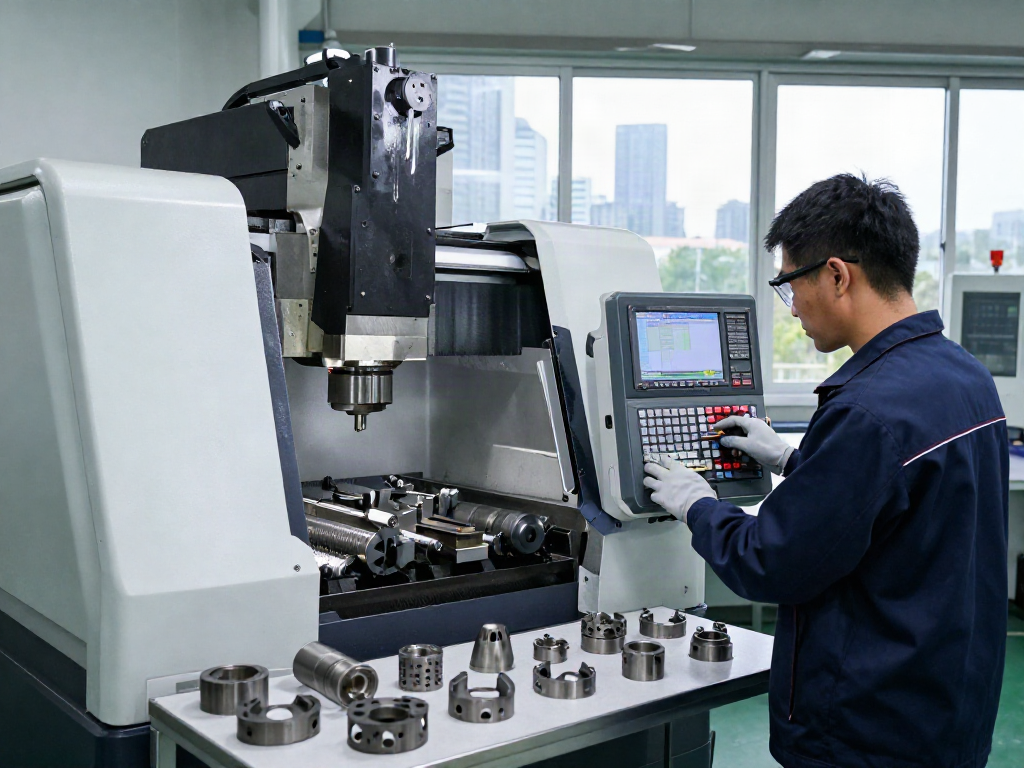 CNC machining parts manufacturer technician operating high-precision machinery in a modern workshop.