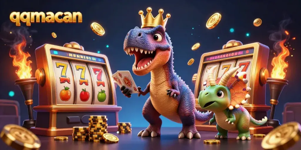 Bet on luck with qqmacan showcasing a playful T-Rex shuffling cards and winning chips in a vibrant casino.