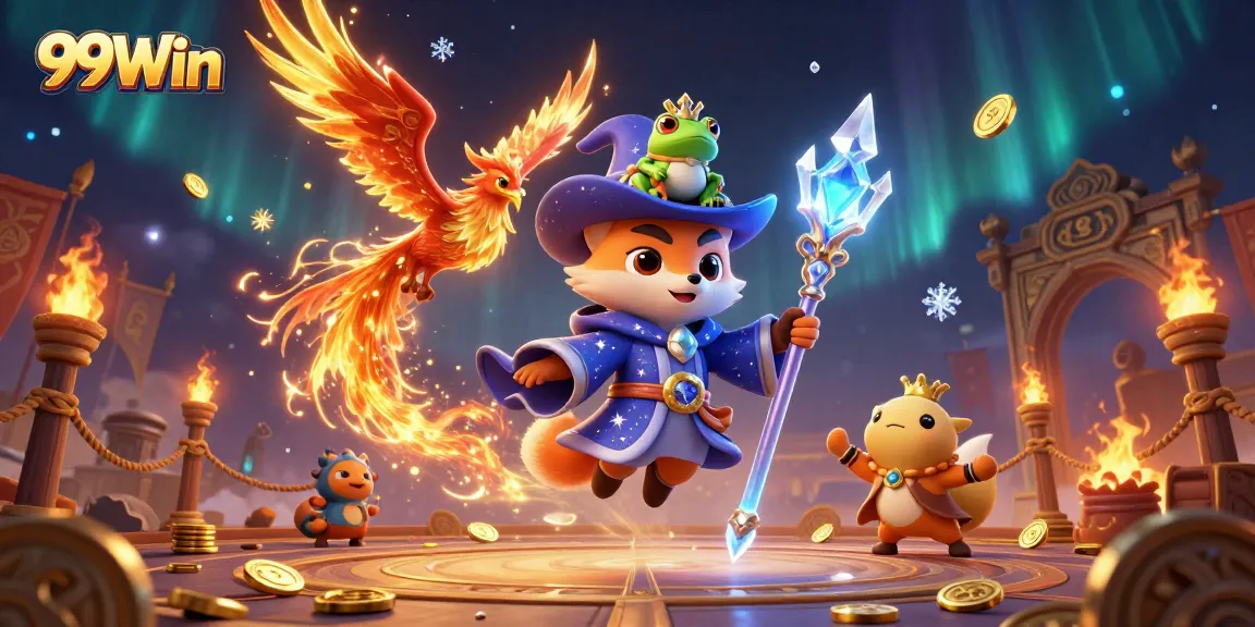 Experience the magic of 99Win with a mystical wizard fox and phoenix in a dynamic casino setting.