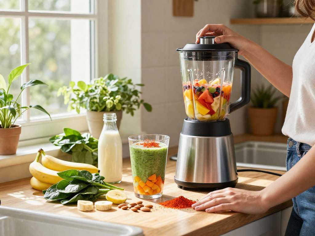 Vegan astaxanthin smoothie preparation with fresh ingredients and health-oriented atmosphere